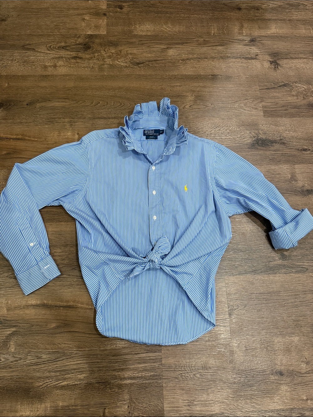 Upcycled Polo by Ralph Lauren Light Blue Pinstripe Button-Up Shirt Size Large